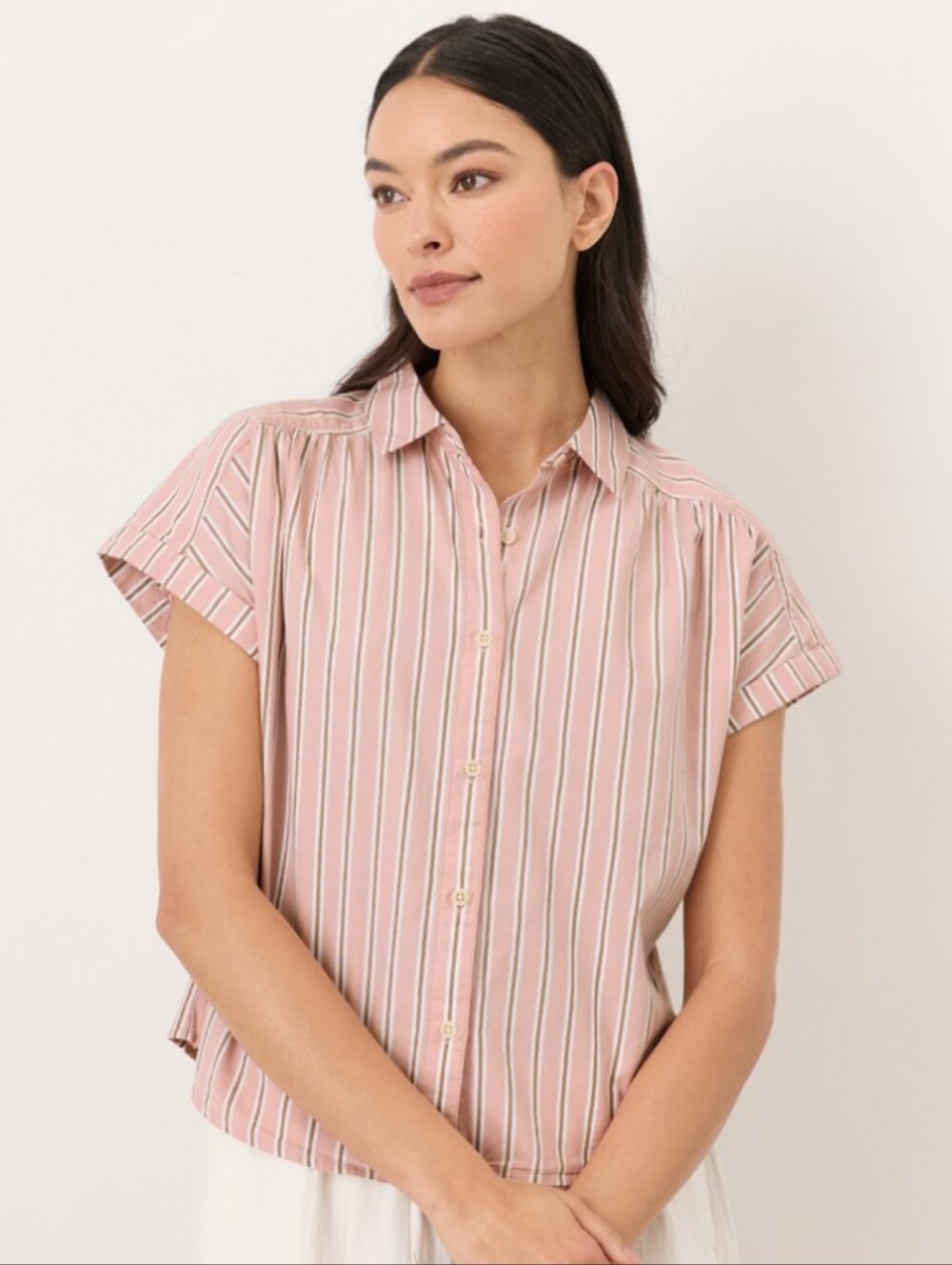 Pact Pink and White Striped Short-Sleeve Button-Down Shirt